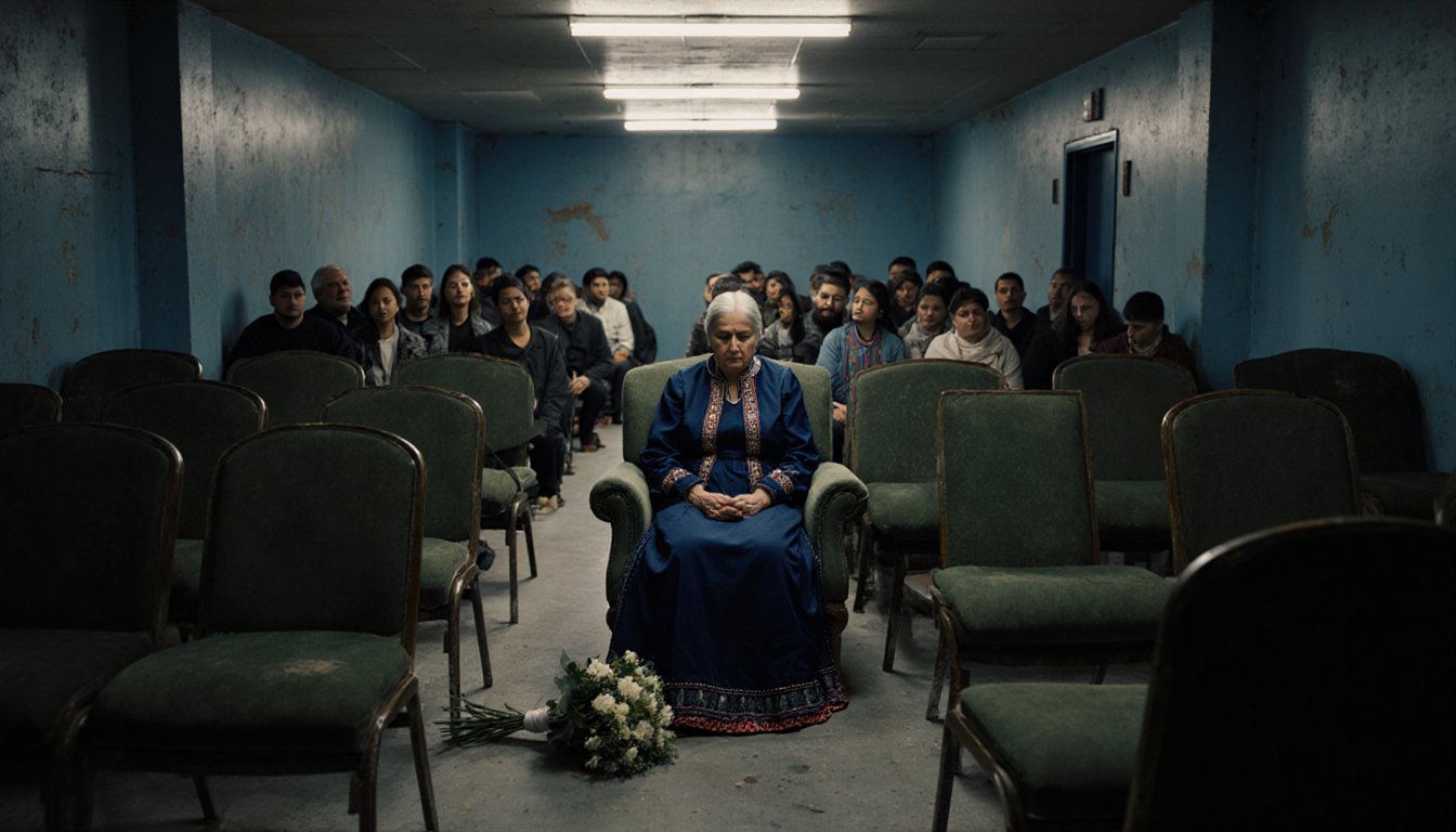 Middle-aged woman in Ukrainian dress sits alone in detention center waiting area with abandoned bouquet on floor and flickeri