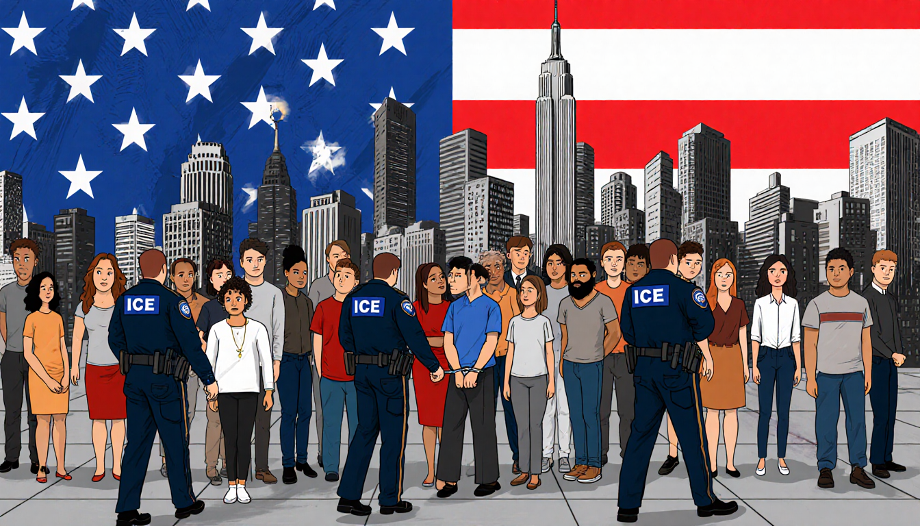 Crowd of people in square with handcuffed escorted by ICE officers while a American flag and skyline rise behind.
