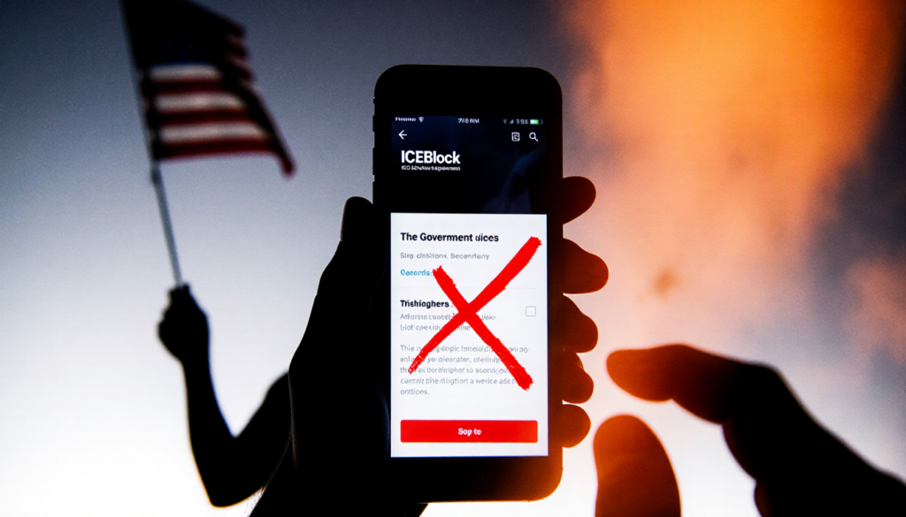 Smartphone screen displays ICEBlock app with red X over it and a surveillance silhouette of a hand holding an American flag