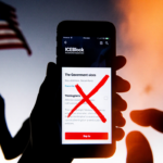 Smartphone screen displays ICEBlock app with red X over it and a surveillance silhouette of a hand holding an American flag