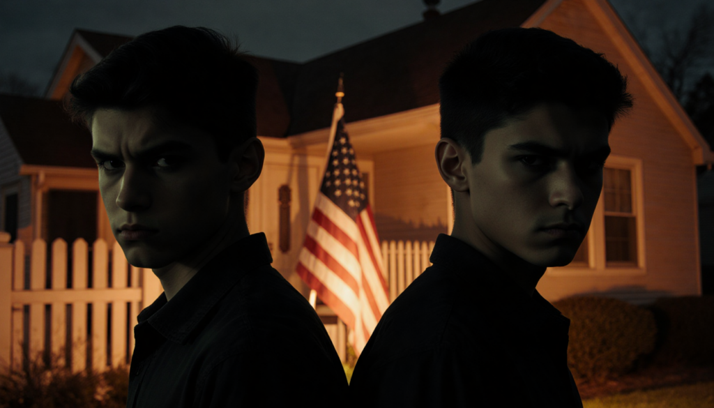 Twins standing back-to-back with stern faces in front of a dimly lit suburban home and a faint American flag silhouette.
