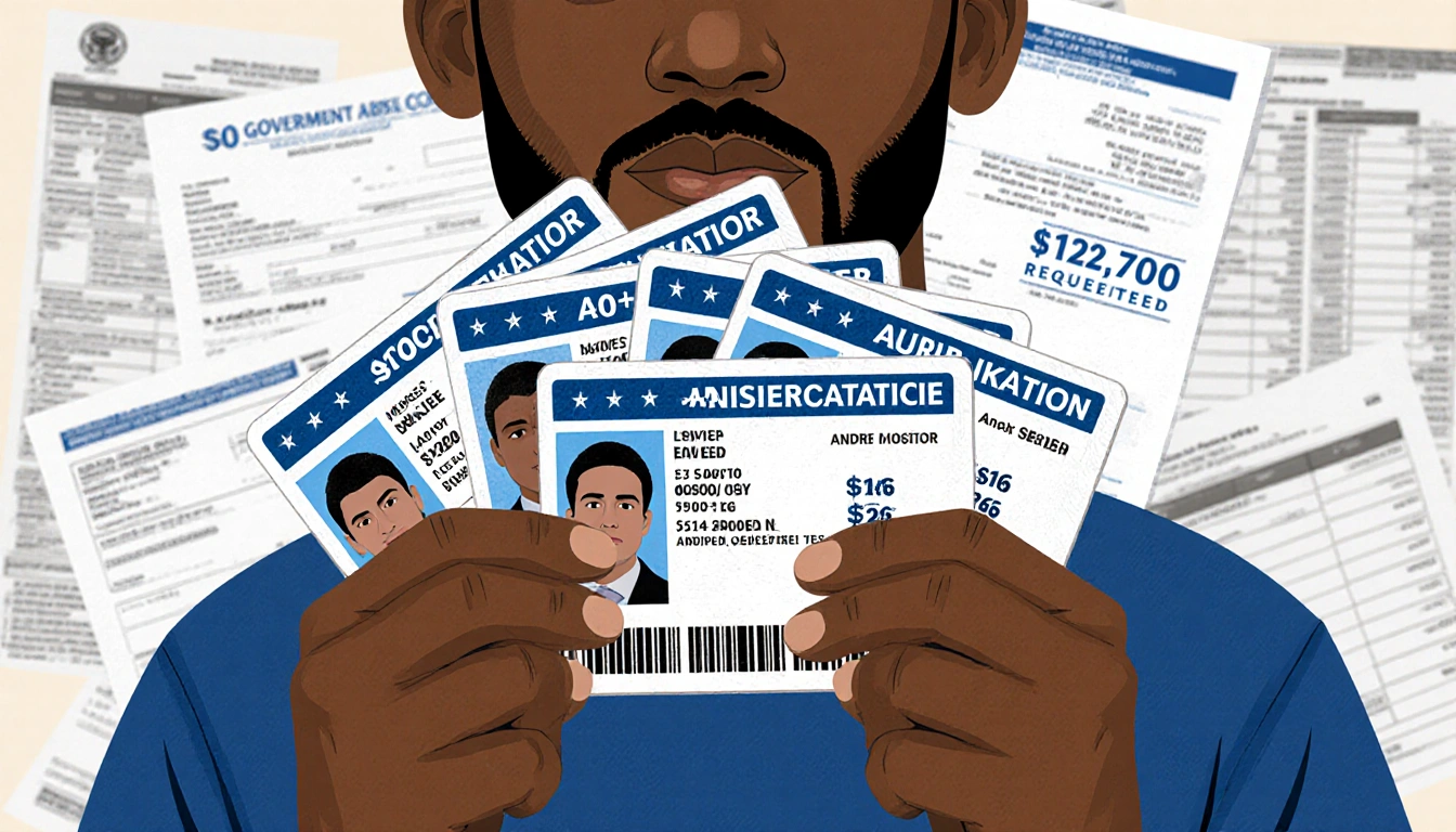 Person holding stacked fake ID cards with altered faces and names with receipts and financial documents fraud numbers.