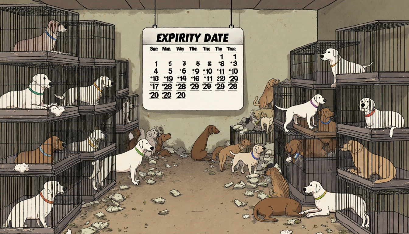 Cluttered dog breeding facility with stacked crates of illegal dogs and a large expiry date calendar on the wall