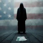 Immigrant standing in front of faded flag with crumpled green card at feet under harsh shadows.