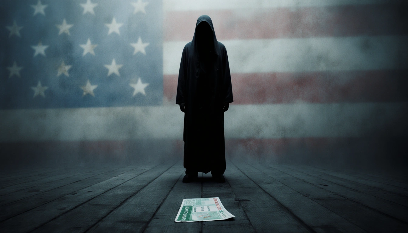 Immigrant standing in front of faded flag with crumpled green card at feet under harsh shadows.