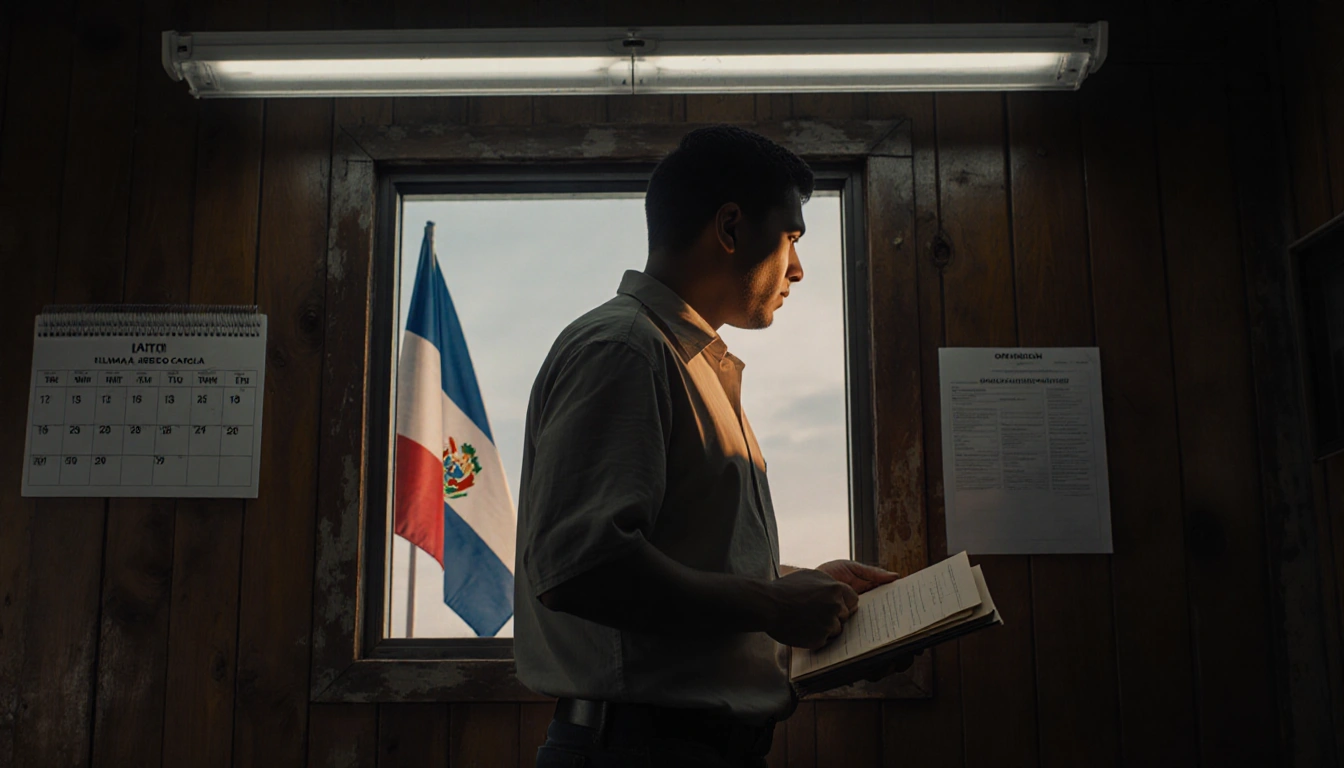 Kilmar Abrego Garcia standing in dim immigration office holding folder with hope near El Salvador flag