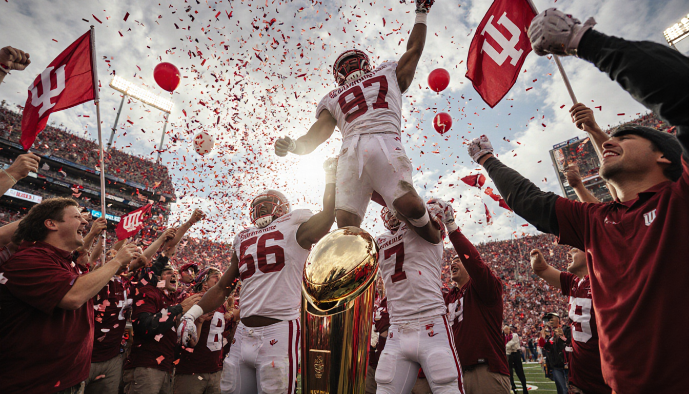 Hoosier football players lifting teammates onto shoulders with confetti and a giant trophy near fans holding Indiana flags