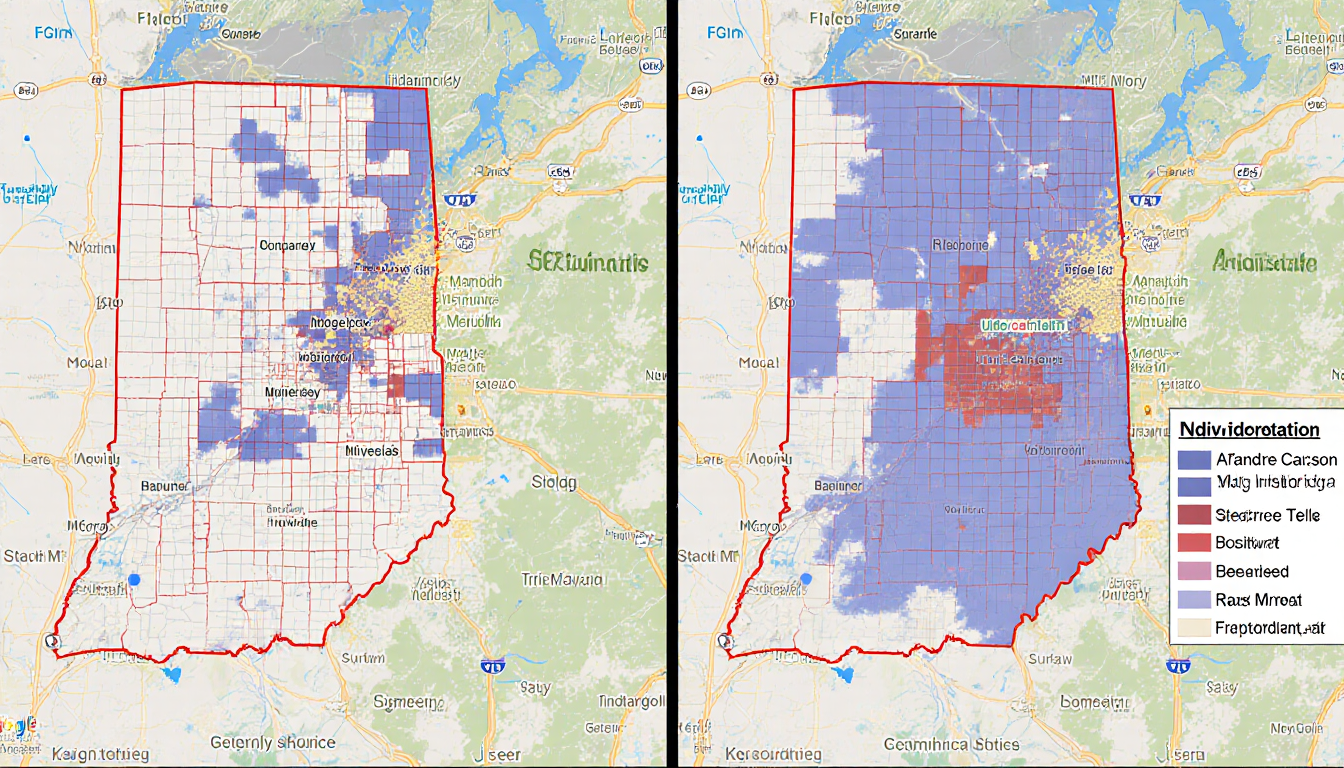 Split-screen illustration compares Indiana redistricting map with layout Indianapolis districts spilling into rural counties