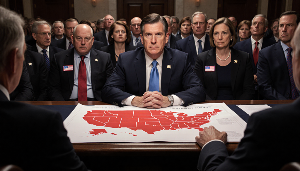 Republican senator sits alone at Senate table with red map and surrounding Democratic senators