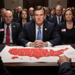 Republican senator sits alone at Senate table with red map and surrounding Democratic senators