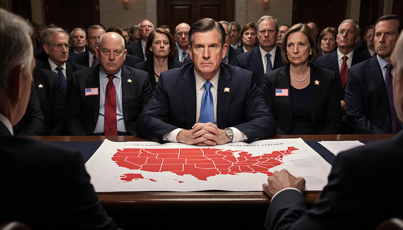 Republican senator sits alone at Senate table with red map and surrounding Democratic senators