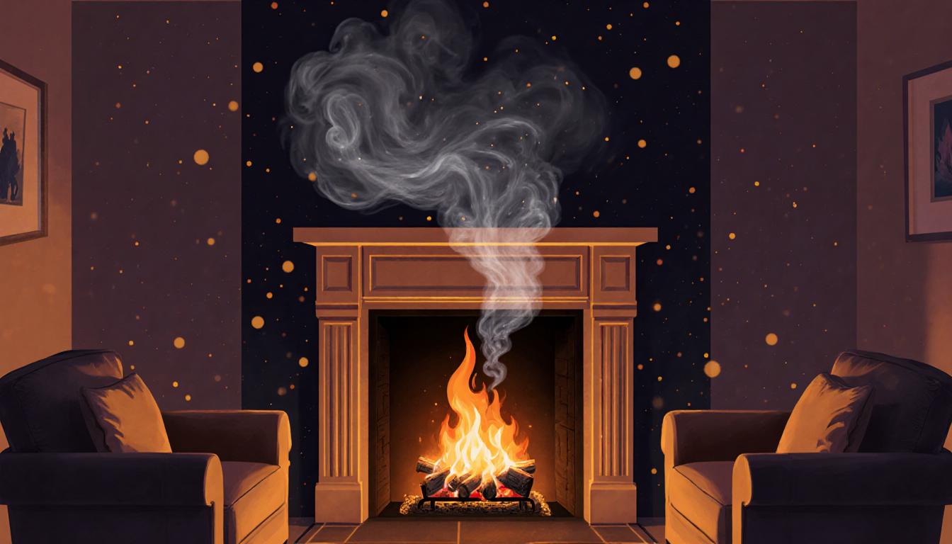 Fireplace emits dark smoke cloud with swirling particles above mantel highlighting indoor burning hidden costs.