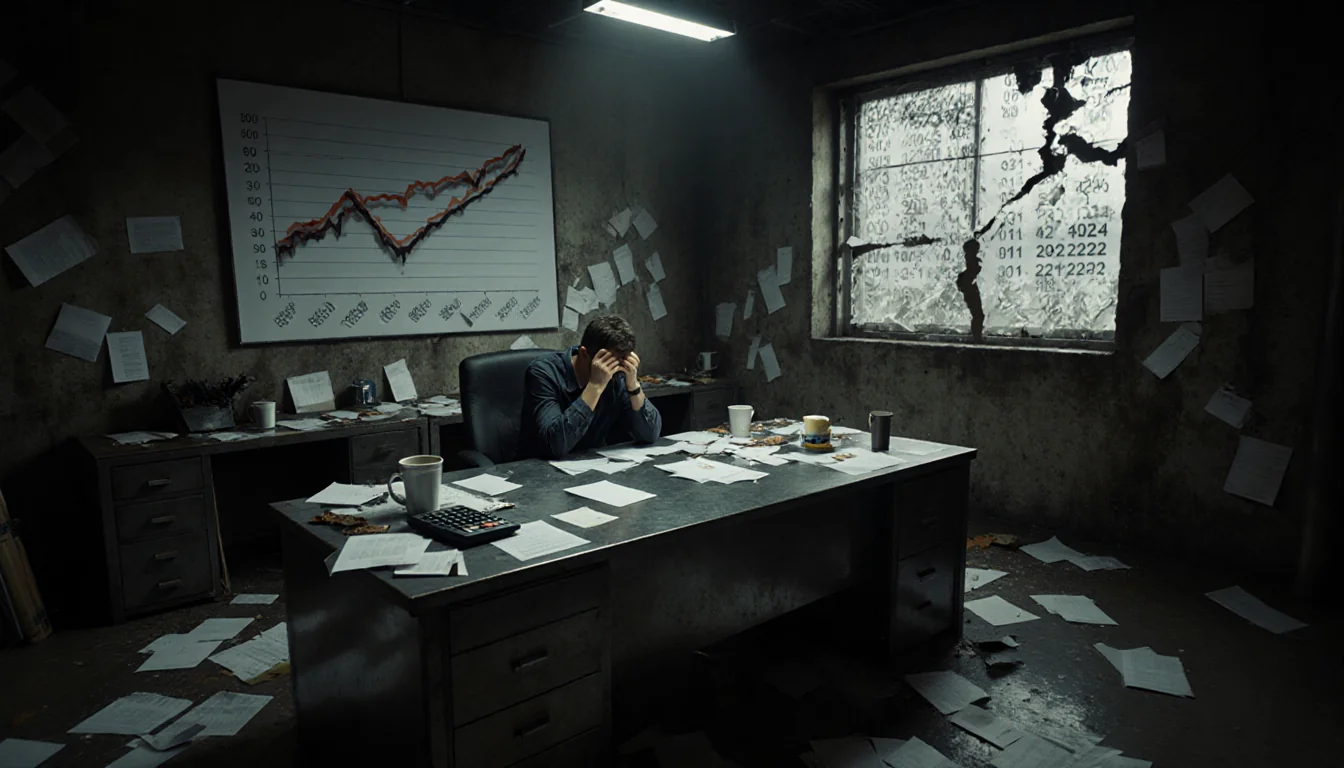 Worker sighing over scattered papers with a distorted job growth graph in a cluttered industrial office