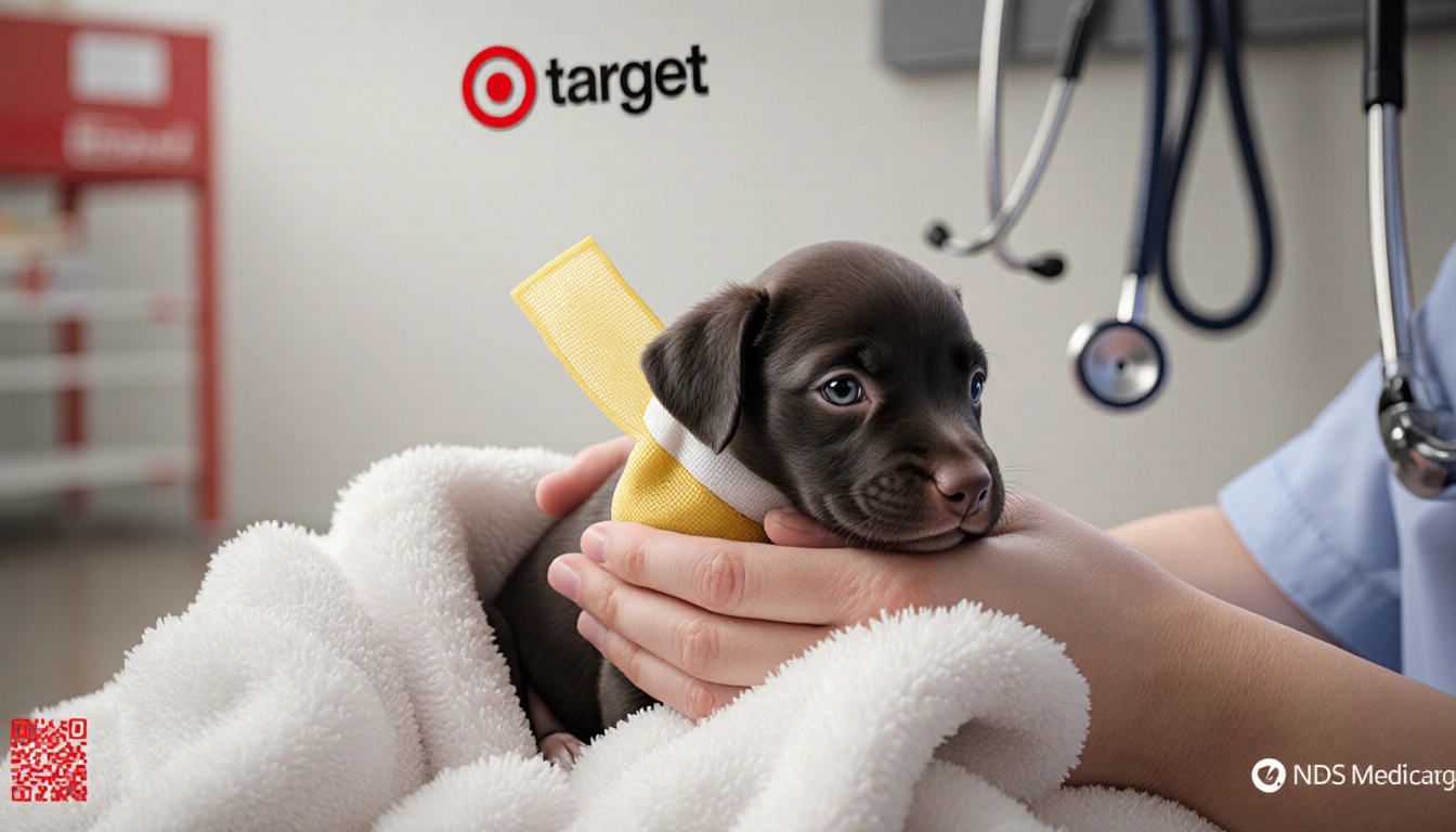 Puppy nestles in warm towel with nurse cradling its head and umbilical cord wrapped in yellow gauze