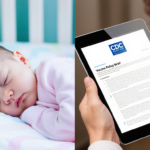 Parent holding tablet with CDC logo and RSV vaccine brief near an infant sleeping in pastel crib