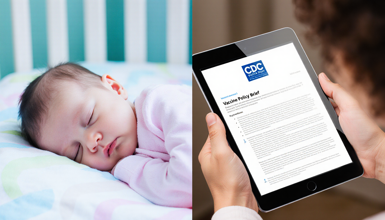 Parent holding tablet with CDC logo and RSV vaccine brief near an infant sleeping in pastel crib