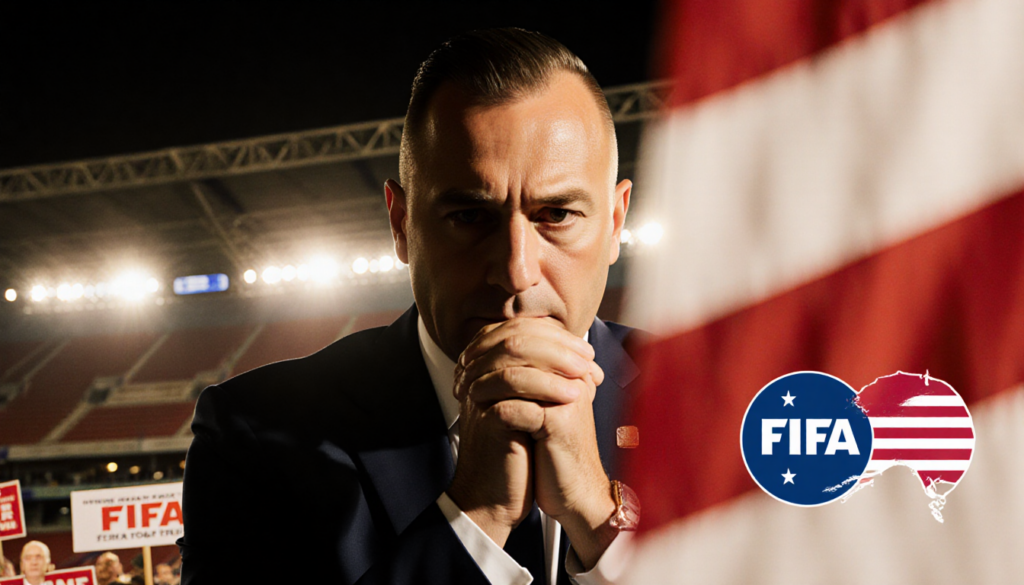 Gianni Infantino clasping his hands with the FIFA flag behind him and a FairSquare logo overlaying a red white blue pattern