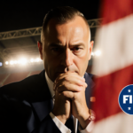 Gianni Infantino clasping his hands with the FIFA flag behind him and a FairSquare logo overlaying a red white blue pattern