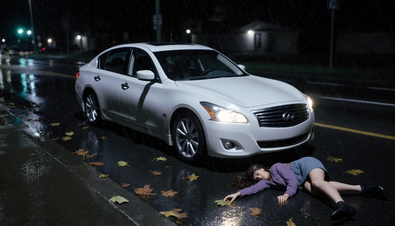 White Infiniti M37 sedan stops with headlights cutting dark street as a pedestrian lies on wet pavement
