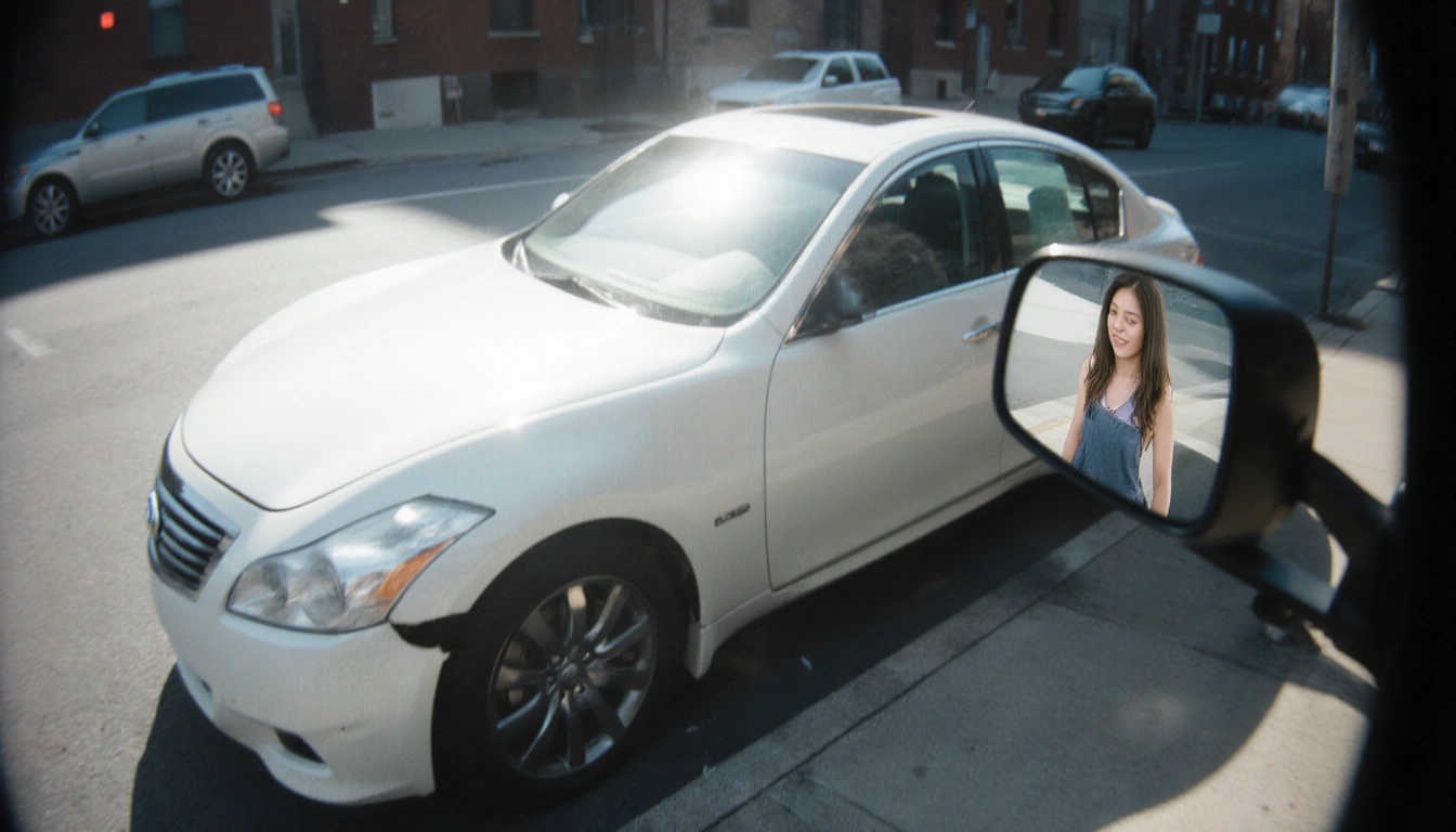 White Infiniti M37 parked at street corner with dented bumper showing collision and faint woman reflected in rearview mirror.