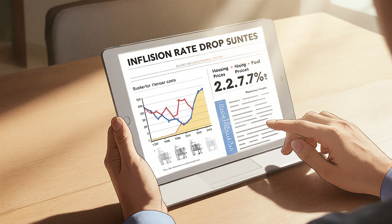 Person holding a tablet with a laptop showing a 2.7% inflation headline and a graph in sunlight