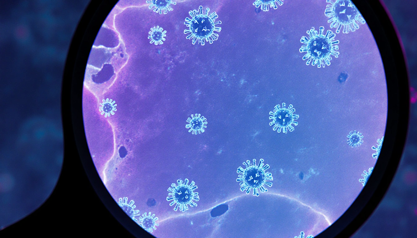Microscope slide revealing influenza virus particles with blue and purple hues and swirling background