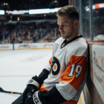 Tyson Foerster slumps against ice with injured arm at 45° and Philadelphia Flyers jersey fluorescent light and stick nearby.