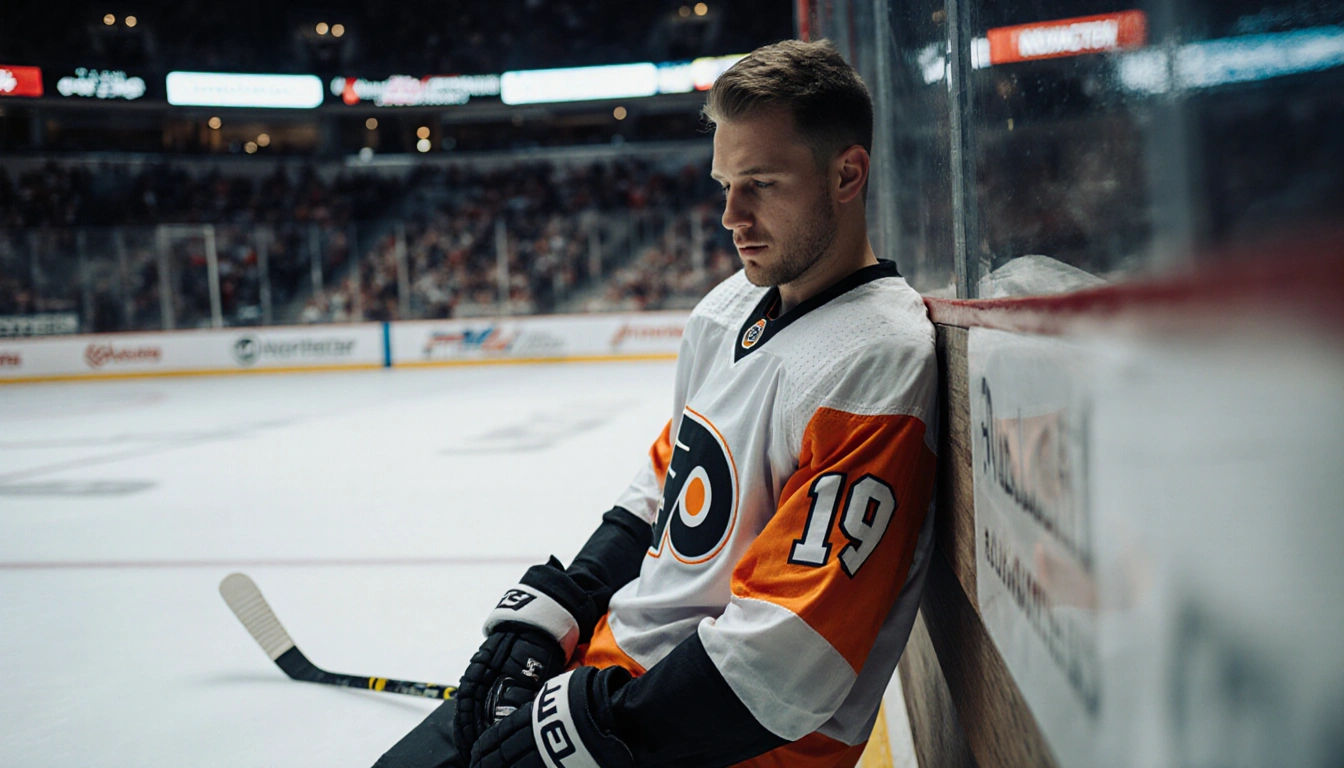 Tyson Foerster slumps against ice with injured arm at 45° and Philadelphia Flyers jersey fluorescent light and stick nearby.