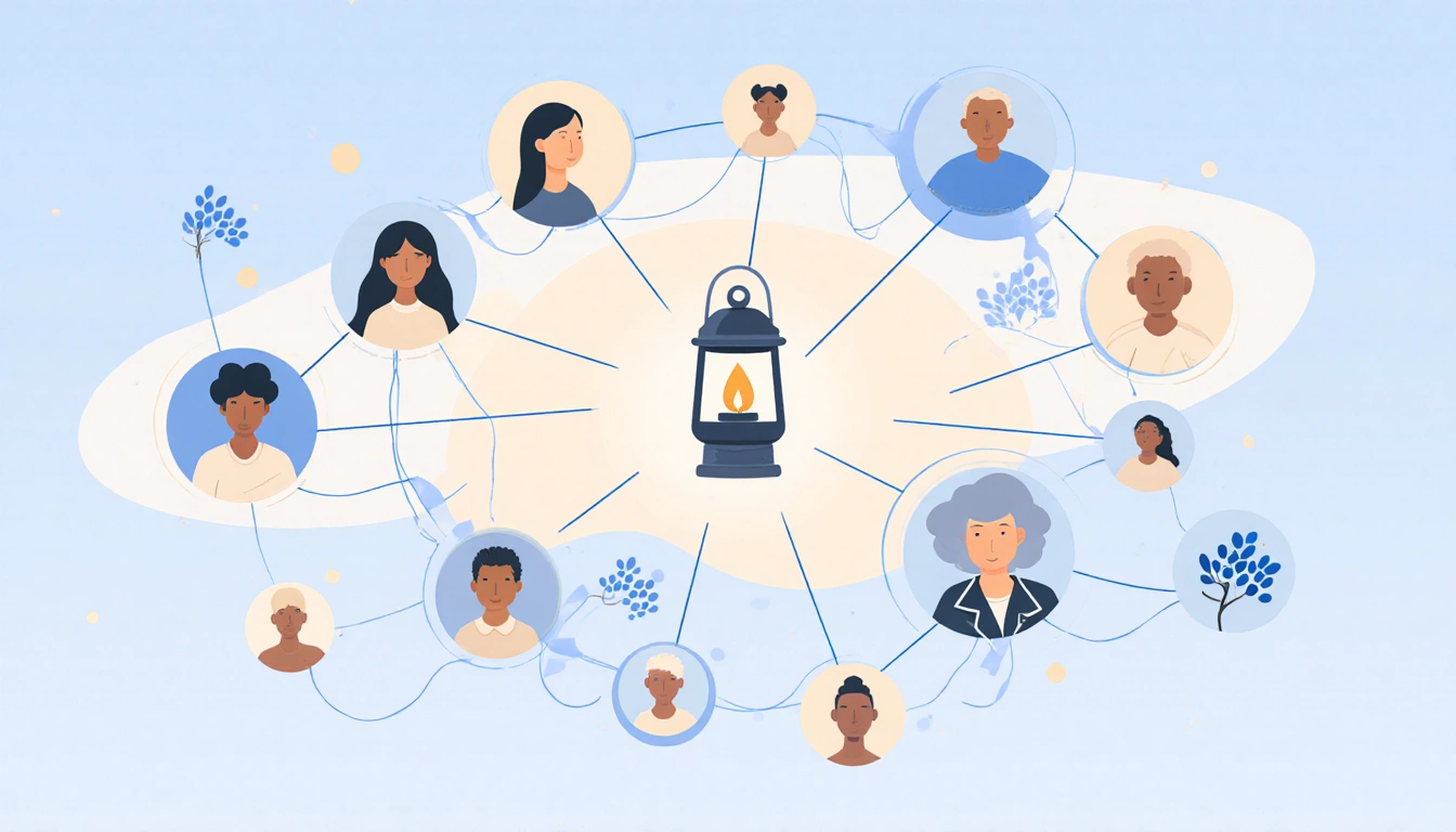 Interconnected circles weave together around a lantern with soothing light blue and beige colors