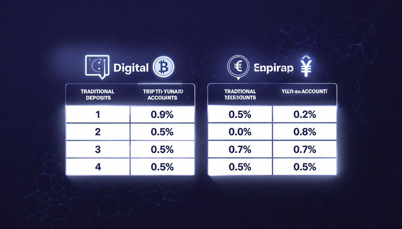 Table lists 0.05% interest for traditional deposits with digital yuan accounts highlighted and crypto icons subtly contrastin