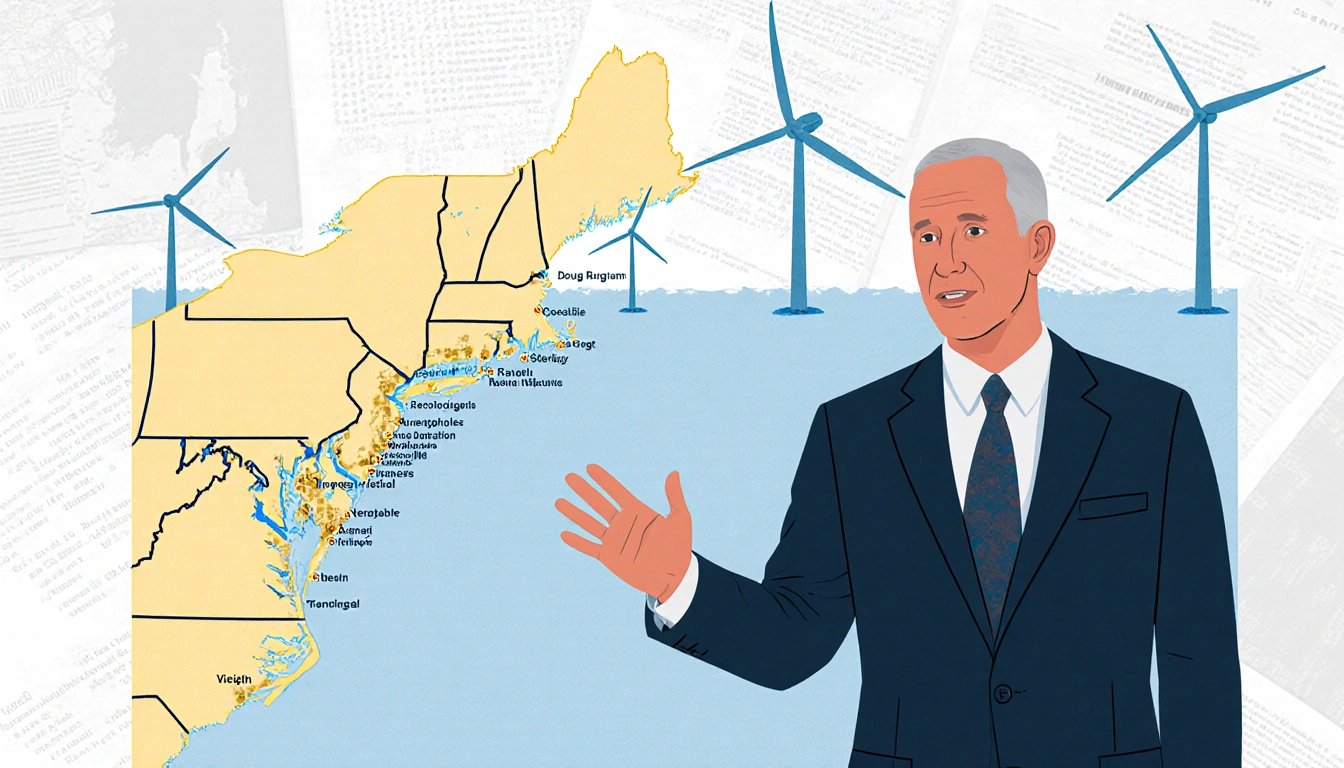 Doug Burgum standing and gesturing toward a map with coastal cities and wind turbines highlighted.