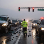 PennDOT crew responding to a crash on I‑95 with shattered glass and twisted metal amid dawn traffic.