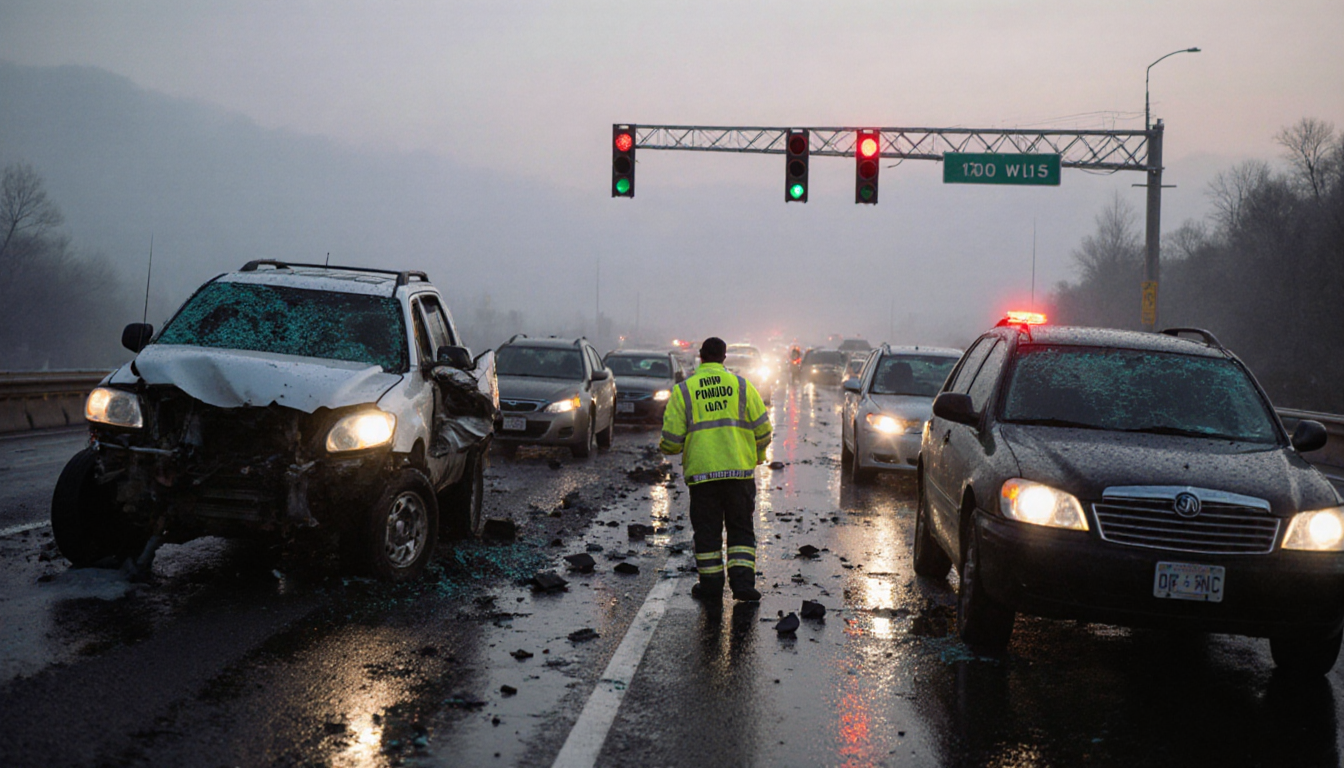 PennDOT crew responding to a crash on I‑95 with shattered glass and twisted metal amid dawn traffic.