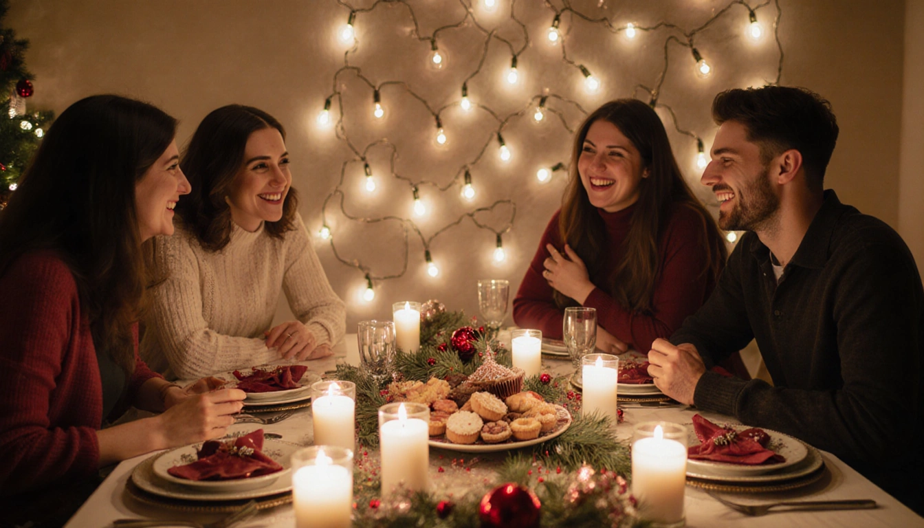 Group of friends laughing around a festively decorated table with treats and candles and warm holiday lights in background.
