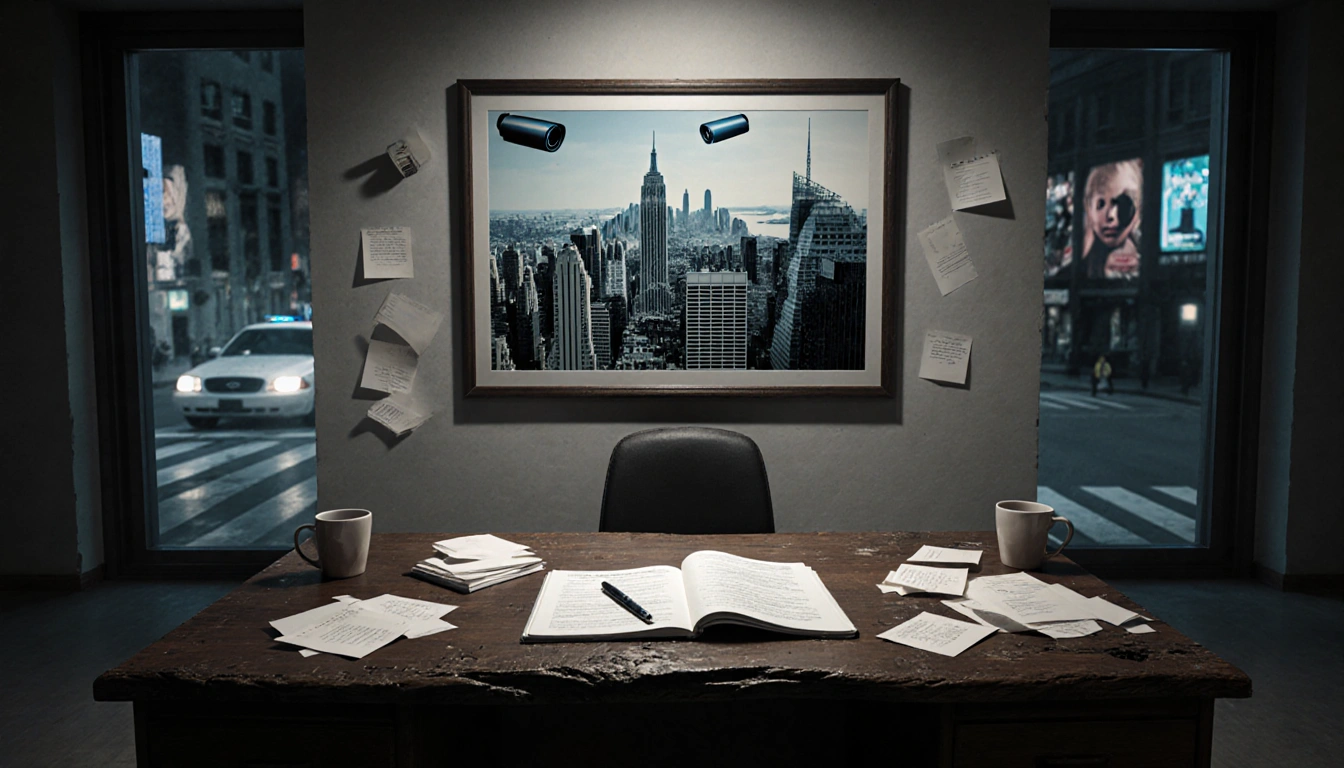 Desk holds open notebook and police report with papers and coffee cups scattered and city skyline photo behind