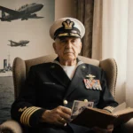 Ike Schab wearing WWII uniform sits in armchair holding leather book with faded Pearl Harbor photo and planes overhead
