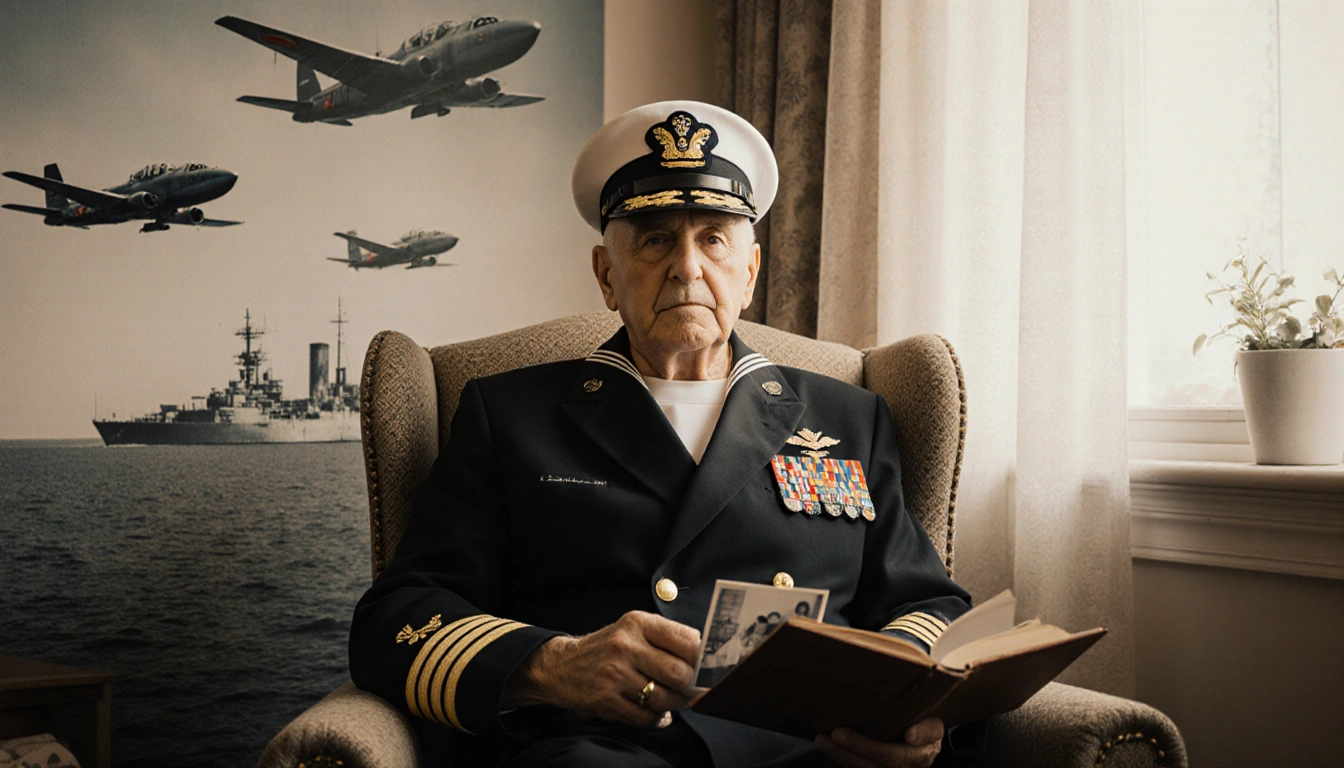 Ike Schab wearing WWII uniform sits in armchair holding leather book with faded Pearl Harbor photo and planes overhead