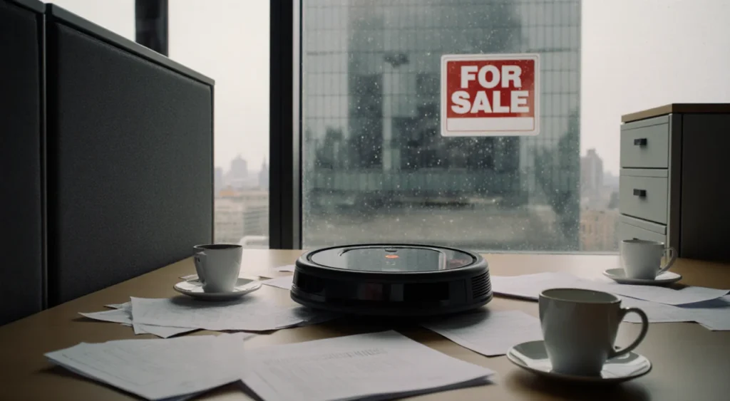 Roomba whizzing across cubicle with papers and cups while window shows