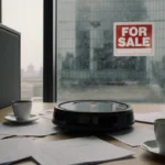 Roomba whizzing across cubicle with papers and cups while window shows