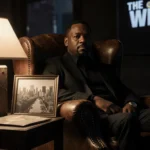 Isiah Whitlock Jr. sits in an armchair with a cigar box lamp illuminating his face and a Baltimore cityscape behind records.