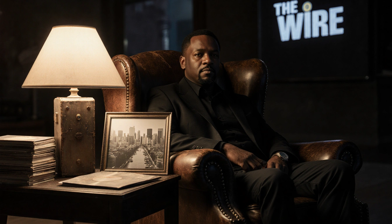 Isiah Whitlock Jr. sits in an armchair with a cigar box lamp illuminating his face and a Baltimore cityscape behind records.