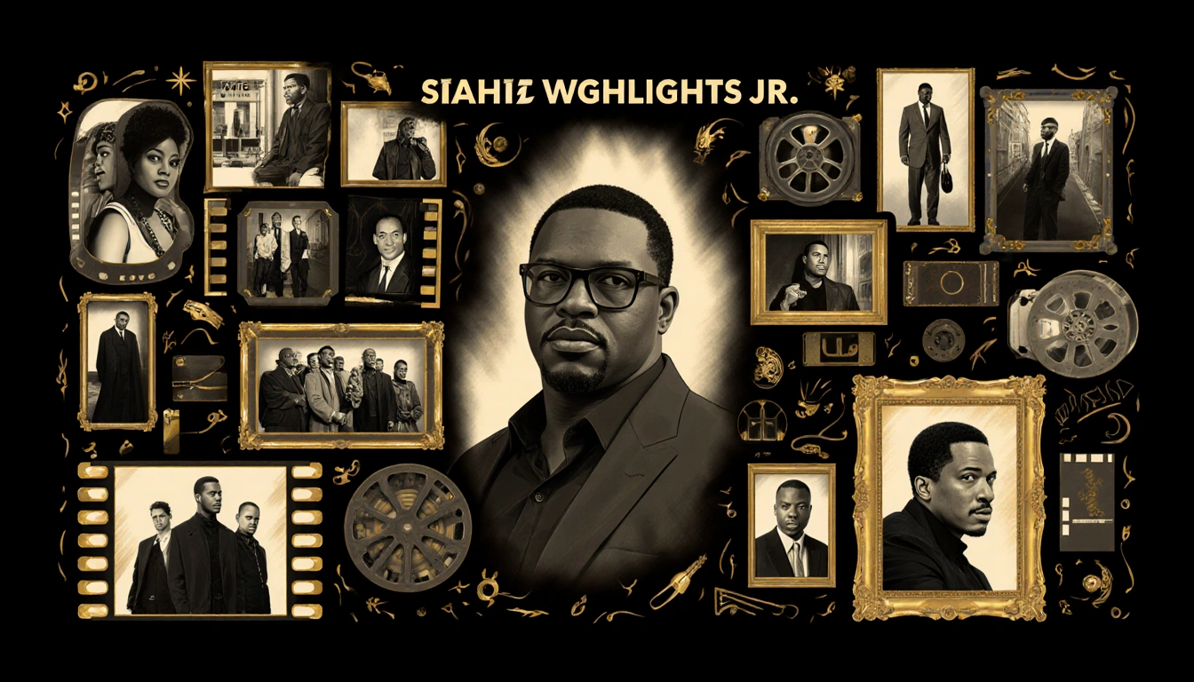 Isiah Whitlock Jr.'s framed portraits shine with golden accents on black background alongside film reels.