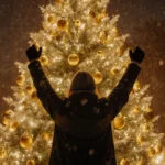 Jubilant person raising arms after winning jackpot with golden Christmas tree and snowy night sky