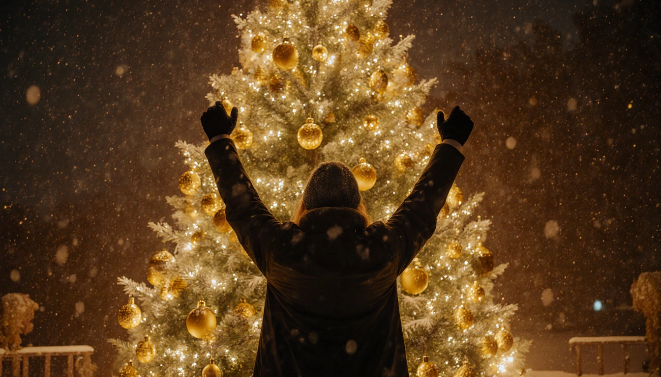 Jubilant person raising arms after winning jackpot with golden Christmas tree and snowy night sky