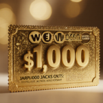 Powerball ticket gleaming with $1 billion jackpot amount displayed prominently against a clean minimalist background and surr