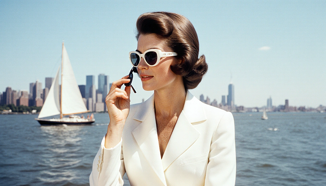 Jacqueline Kennedy Onassis in a white pantsuit holding sunglasses with a sunny New York harbor and sailboats