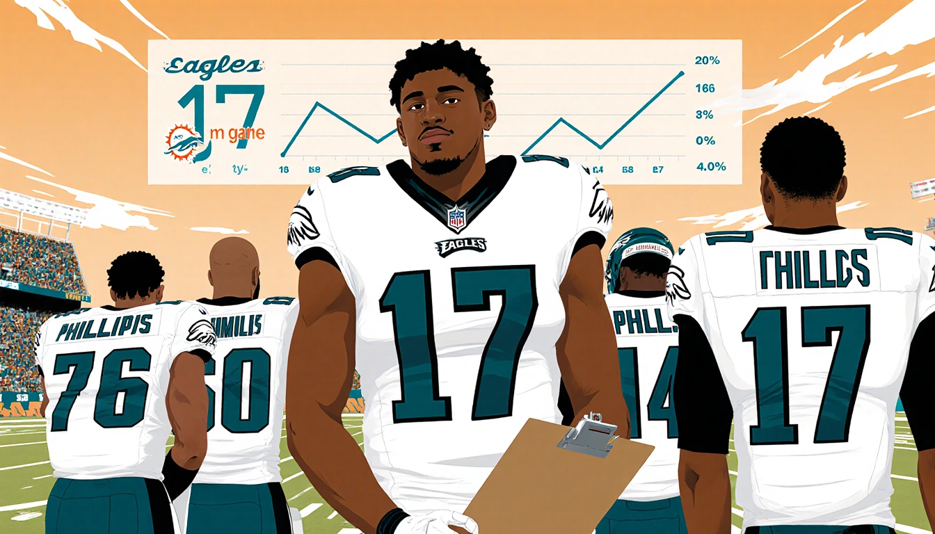 Jaelan Phillips standing on sidelines with clipboard and defensive snaps chart showing 17/18 Miami Dolphins in background