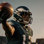 Helmet of Jaelan Phillips holds a football with arm outstretched against a warm dusk stadium backdrop