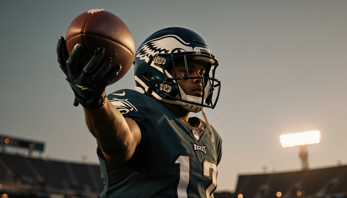 Helmet of Jaelan Phillips holds a football with arm outstretched against a warm dusk stadium backdrop