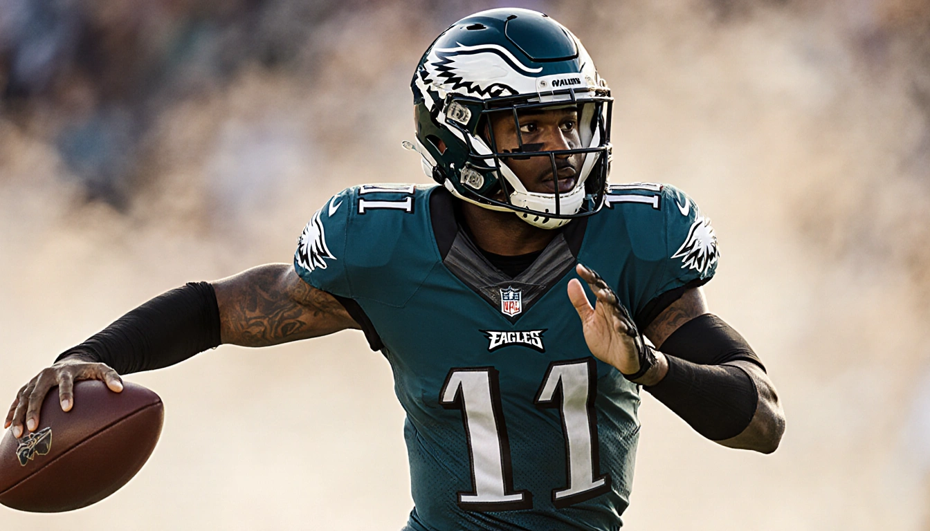 Jalen Carter throwing a pass with Eagles jersey and shoulder sleeve under dynamic lighting
